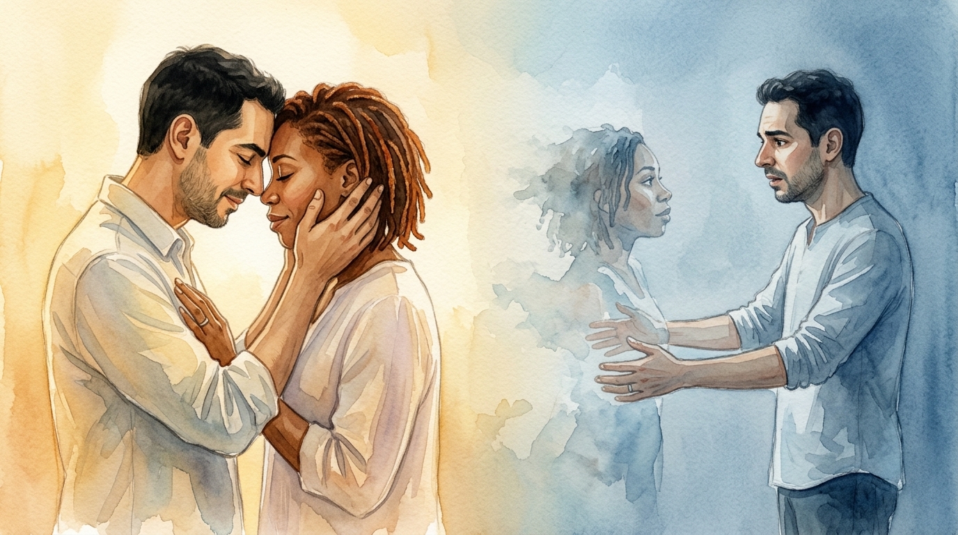 Couple en aquarelle, embrasse à gauche, silhouette qui s’efface à droite
