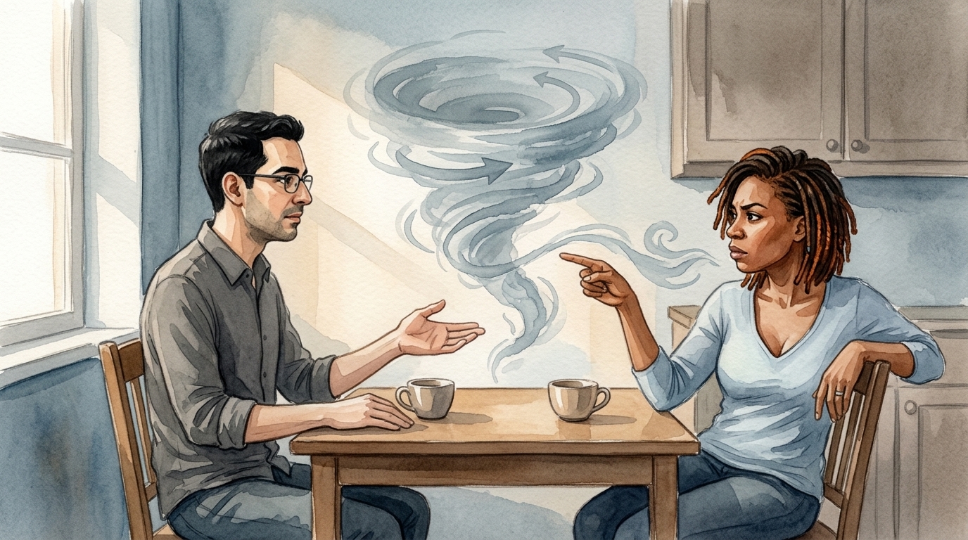 Conversation à table, gestes opposés, tourbillon de mots entre les deux