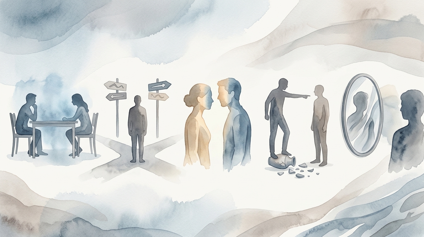 Cinq vignettes aquarelle illustrant cinq schémas relationnels destructeurs