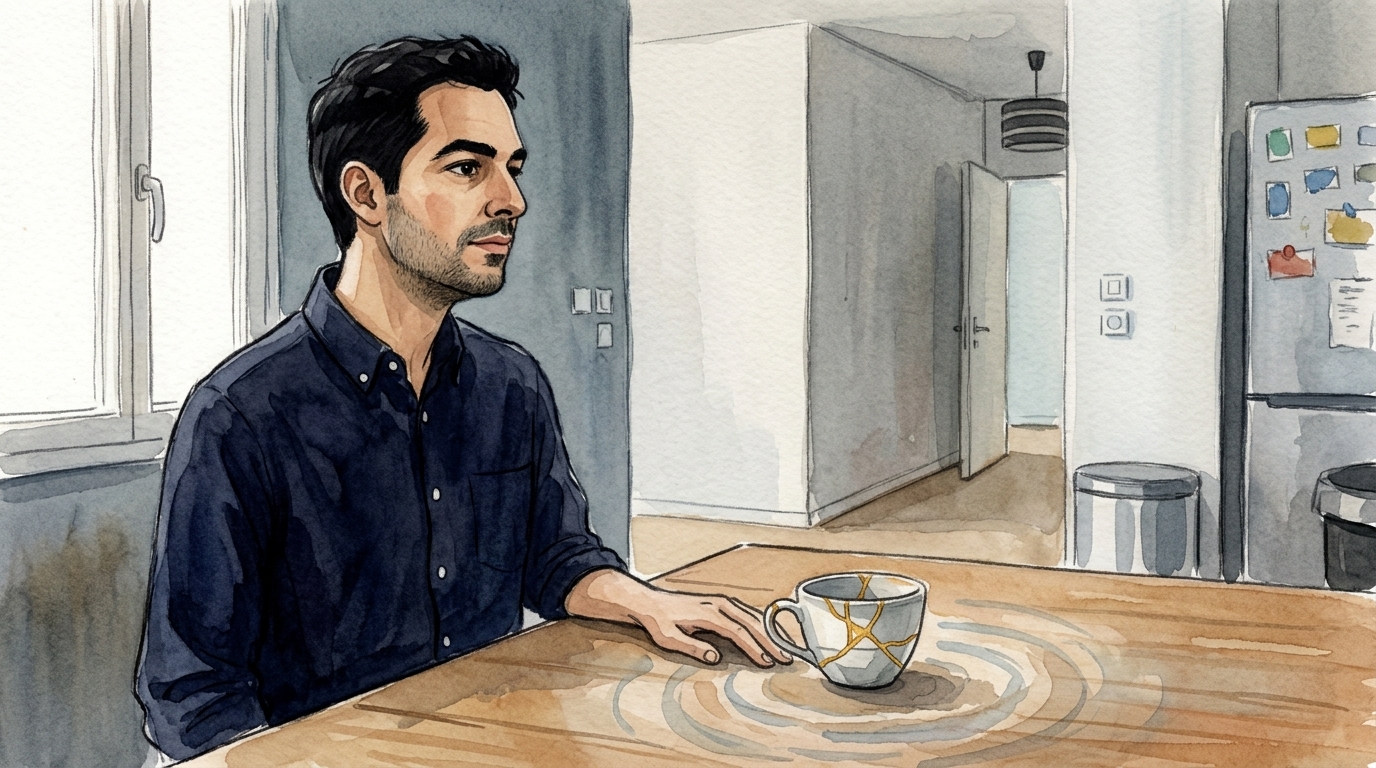 Homme seul dans une cuisine, la tasse réparée