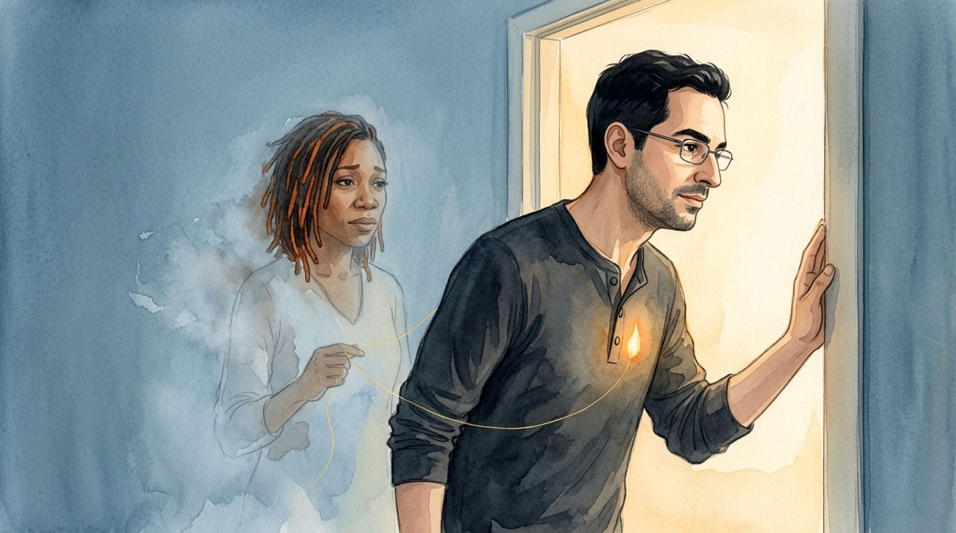 Homme au seuil d’une pièce lumineuse, femme en aquarelle qui s’efface derrière