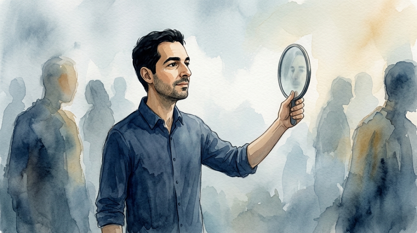 Homme tendant un miroir vers l’extérieur, reflet pâle
