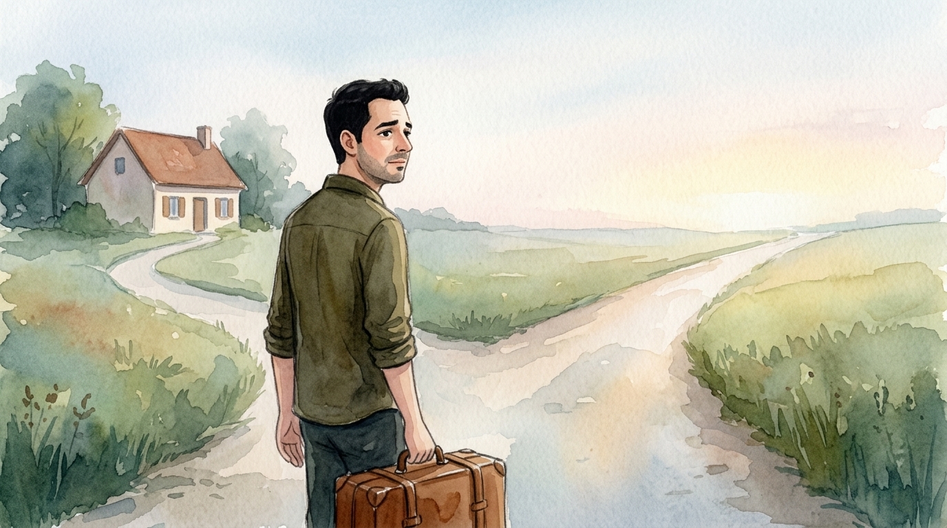 Homme à la croisée des chemins avec valise