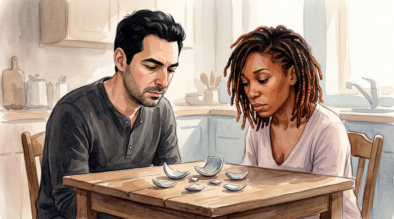 Couple devant des tessons sur la table, aquarelle