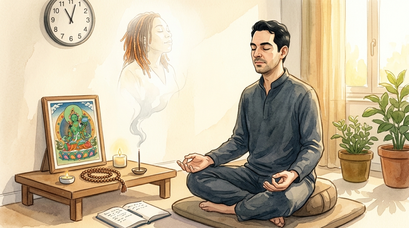 Homme en méditation devant un autel avec une thangka de Tara verte, horloge 11:11