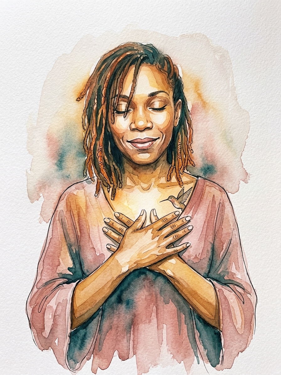 Muriel en portrait calme sur fond clair, en aquarelle