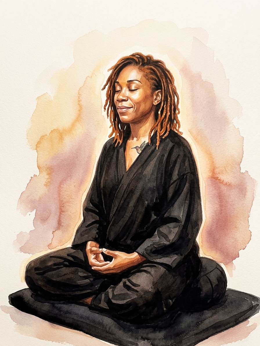 Muriel en posture méditative, en aquarelle