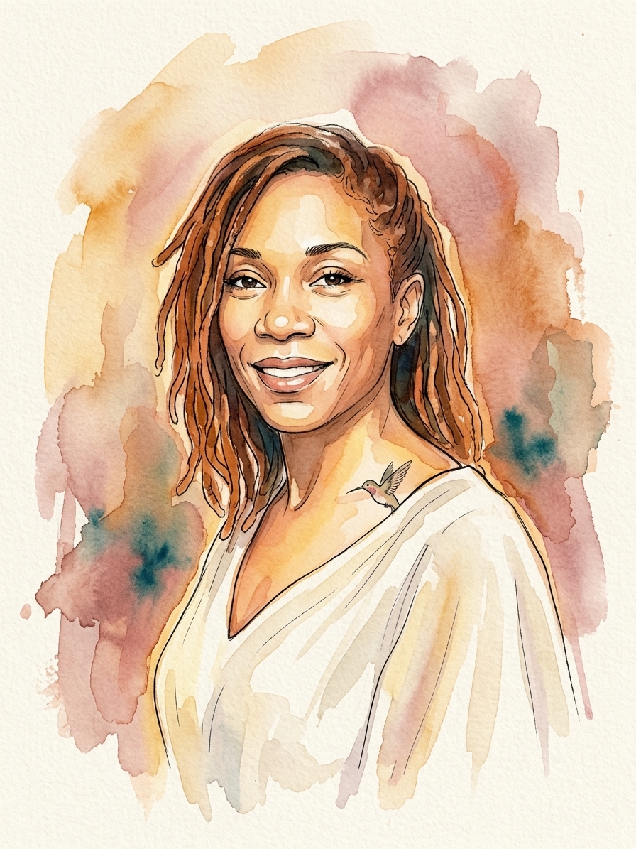 Muriel en portrait doux avec fond aquarellé, en aquarelle