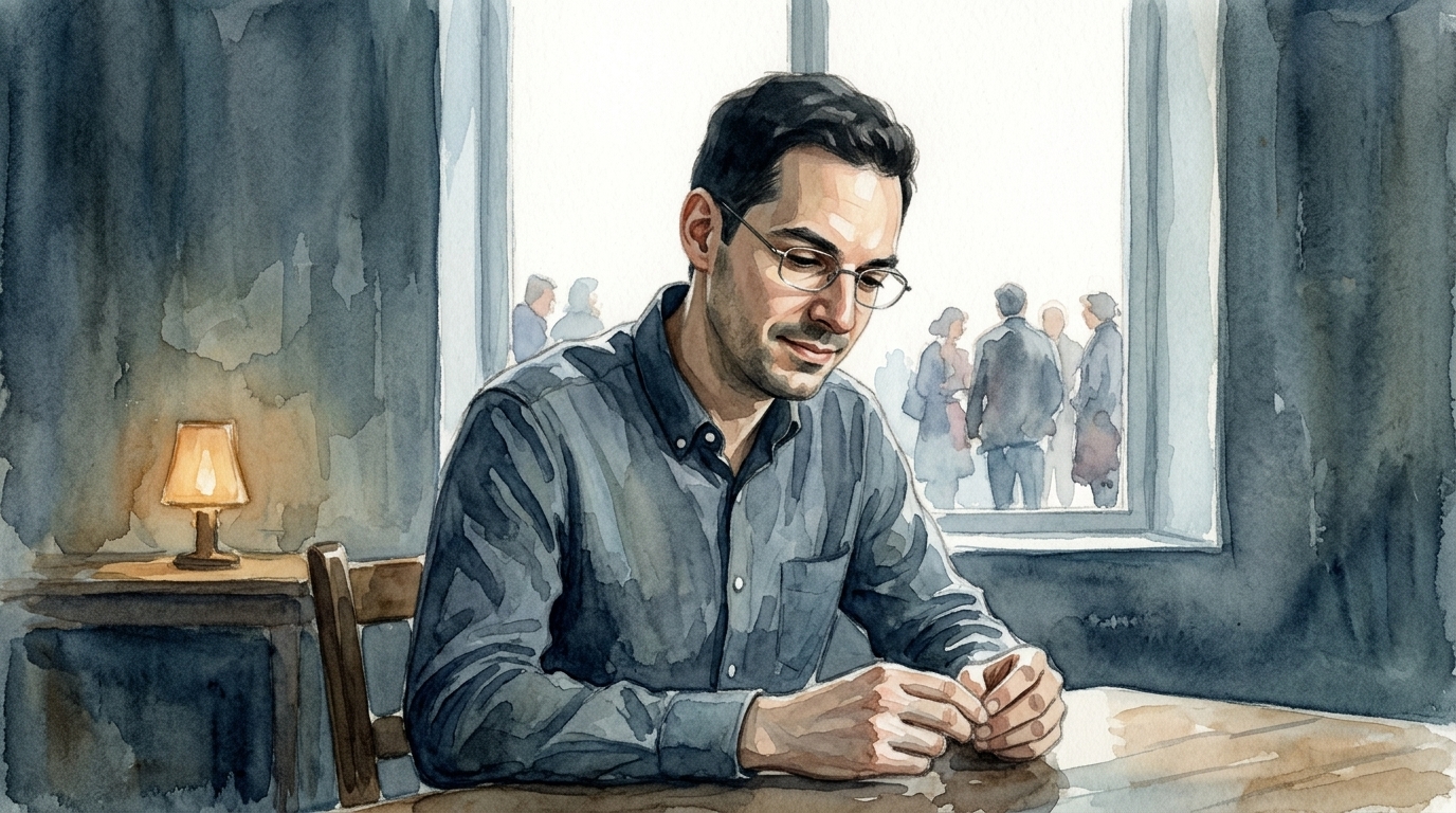 Un homme seul, muré à l'intérieur, dos à une fenêtre