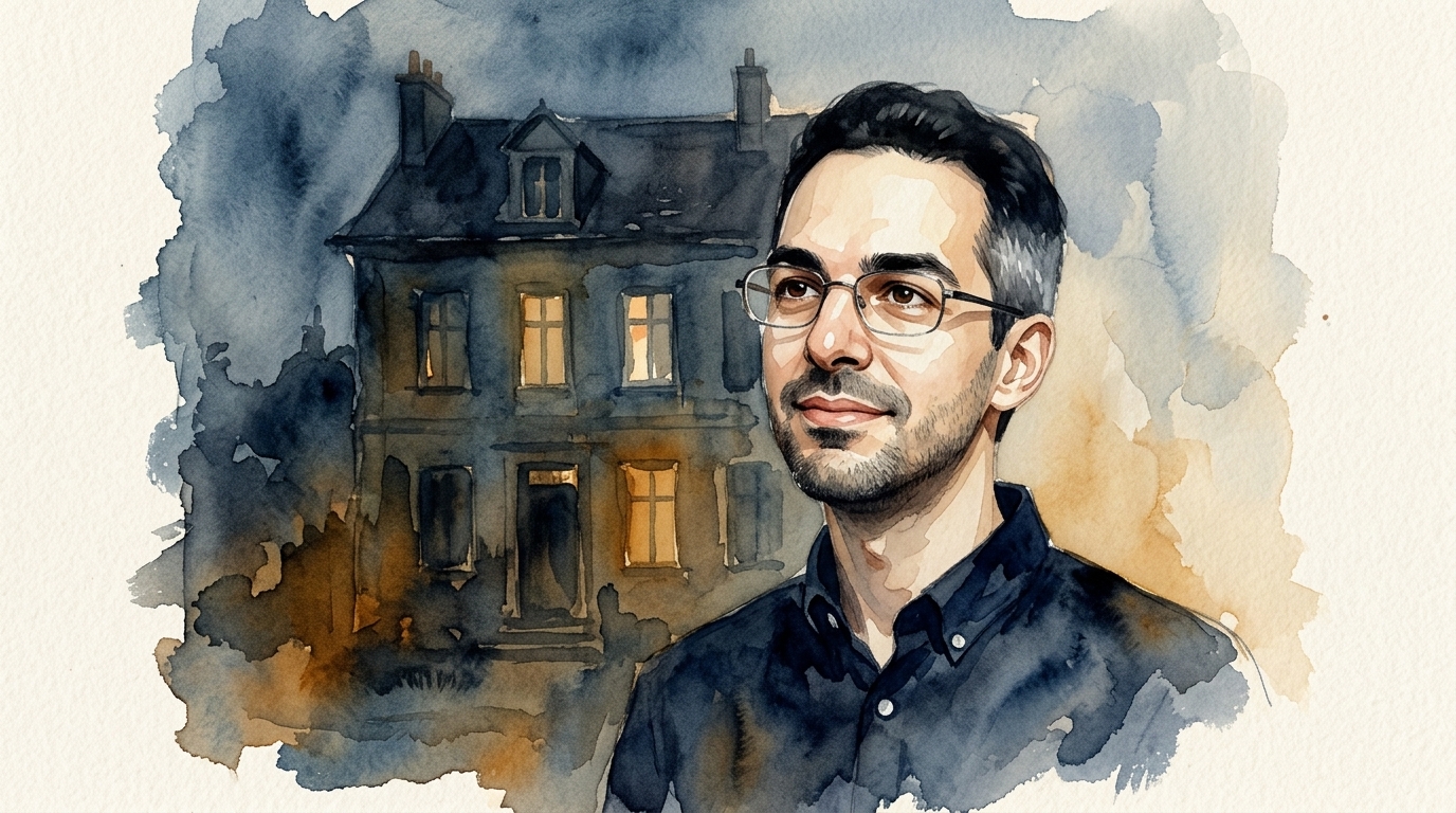 Un homme devant une vieille maison dont les fenêtres s'éteignent